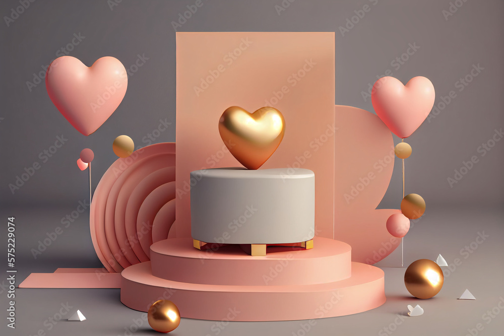 Pink heart on a podium with a pink background Generative ai