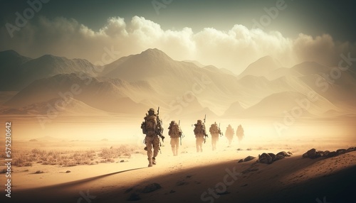 Soldiers marching in the desert with weapons