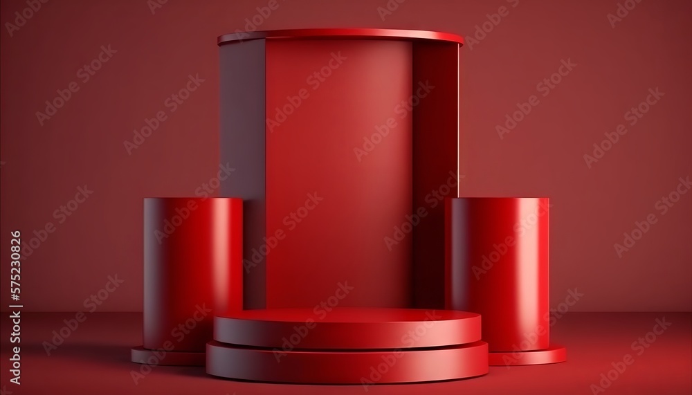 Red product background stand or podium pedestal on empty display with blank backdrops. Generative ai Red product background stand or podium pedestal on empty display with blank backdrops. Generative ai