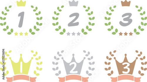 ポップな月桂樹と王冠とリボンのランキングマーク　アイコンイラストセット