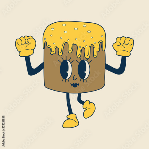 Retro easter cake mascot. Cute character in trendy retro 60s 70s cartoon style. Vector hand drawn illustration