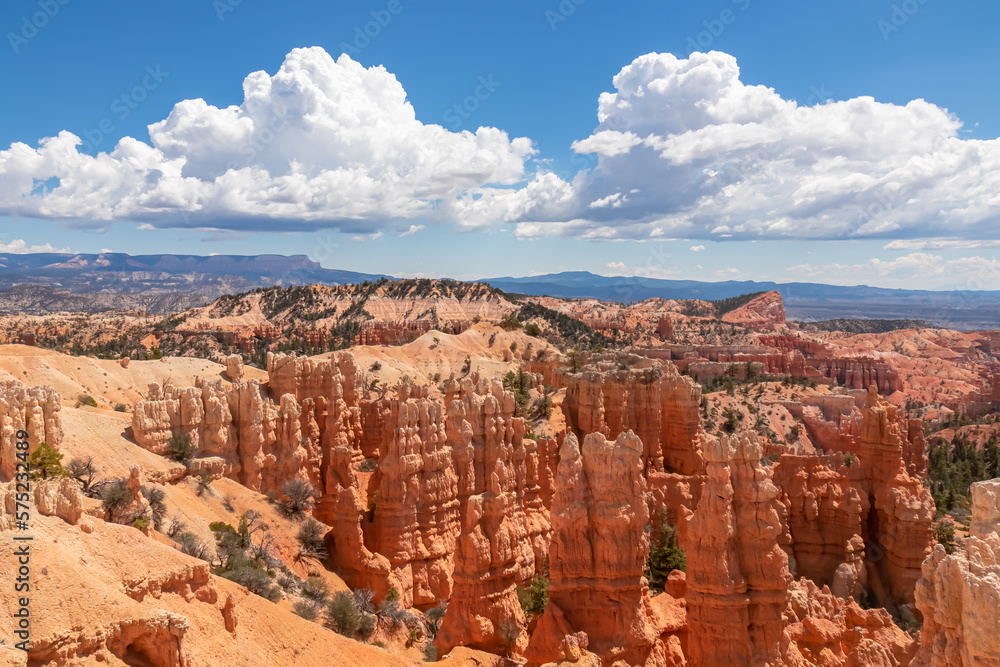 Scenic aerial view of Boat Mesa and massive hoodoo wall sandstone rock formation on Fairyland hiking trail in Bryce Canyon National Park, Utah, USA. Unique nature in barren landscape. Pine tree forest