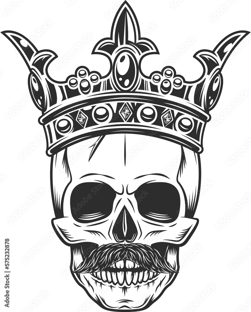 Black and white skull in crown with mustache isolated on white background illustration Black and white skull in crown with mustache isolated on white background illustration