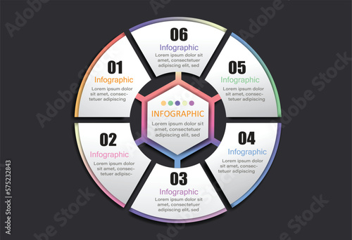 Circle infographic 6 steps, space for text is on black gray background. Designed for presentation, presentation, education, business, finance, easy to understand and elegant.