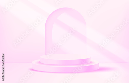 Bright illuminated pink pastel room with portal and podium. Showcase  template. 3d vector background