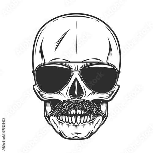 Hipster skull and mustache in sunglasses with reflection. Isolated on white background monochrome illustration