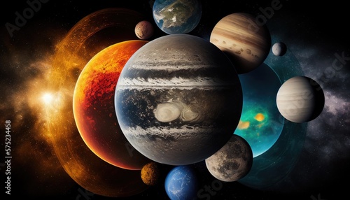 Abstract futuristic view of the planets of the solar system in space. Generative Ai photo