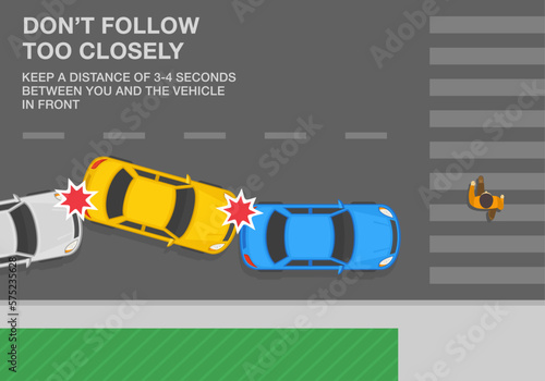 Safety driving tips and traffic regulation rules. Man crossing the street on crosswalk. Top view of a chain-reaction collision. Keep a safe distance on road. Flat vector illustration template.