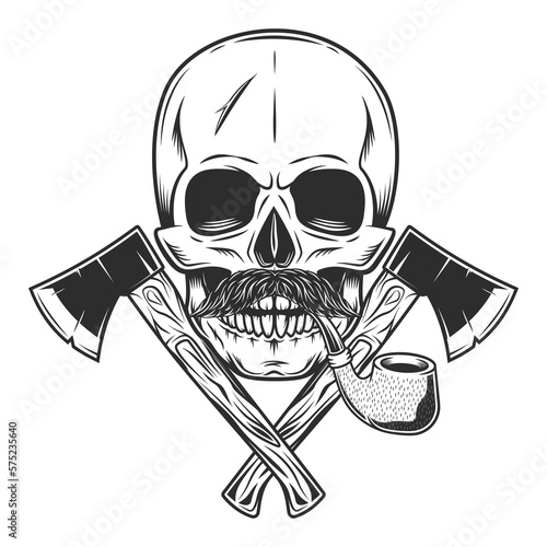 Skull smocking pipe or cigarette with mustache and crossed wooden axe business woodworking or lumberjack emblem construction builder tool