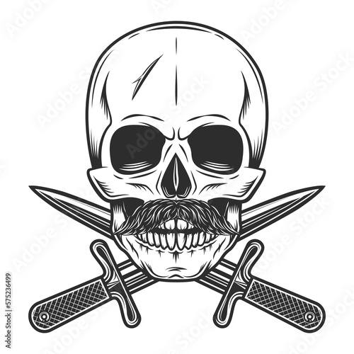 Hipster skull with mustache and crossed knife dagger isolated on white background monochrome illustration