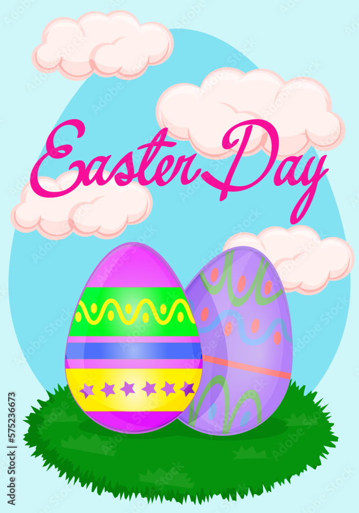 bright colored eggs for easter celebration on a beautiful sky background
