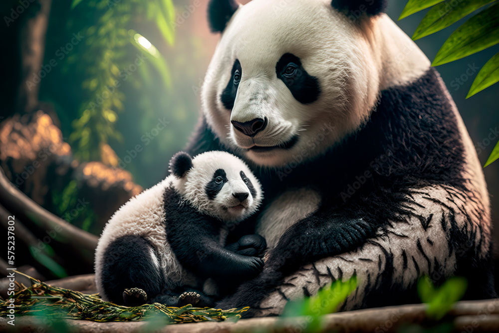 Beautiful panda with a baby panda happy together in Chinese park, realistic digital illustration. Generative AI Beautiful panda with a baby panda happy together in Chinese park, realistic digital illustration. Generative AI