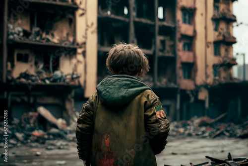 A child stands on the street in a jacket and looks with his back at his destroyed house Generative AI