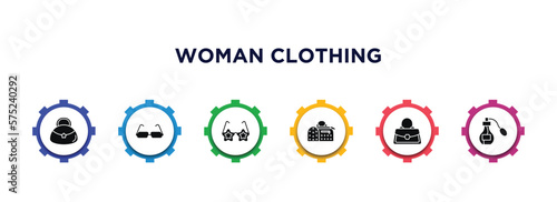 woman clothing filled icons with infographic template. glyph icons such as hobo shoulder bag, reading eyeglasses, childish eyeglasses, fashionable hand bag, handbag elegant, parfume vector.