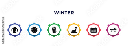 winter filled icons with infographic template. glyph icons such as winter clothes, snow ball, coat, winter cap, christmas day, bobsled vector.