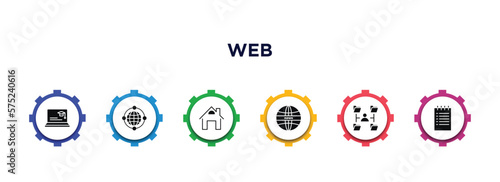 web filled icons with infographic template. glyph icons such as looking for students, world web, home button, news, multitasking man, create list button vector.
