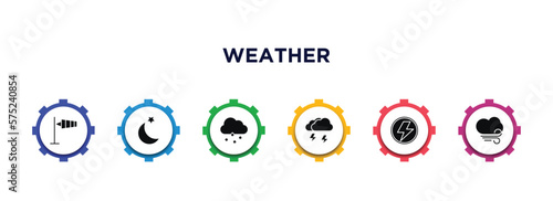 weather filled icons with infographic template. glyph icons such as anemometer, twilight, ice pellets, thunderstorm, light bolt, icy vector.
