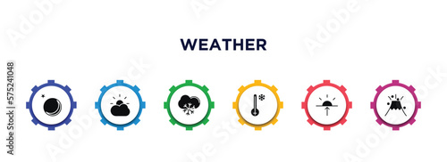 weather filled icons with infographic template. glyph icons such as new moon, clouds and sun, snow cloud, freezing, dawn, eruption vector.