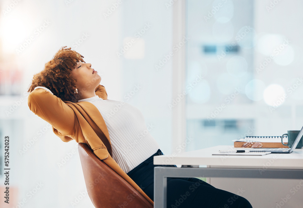 Relax, business and a black woman finished with tasks in the office, resting or breathing at her desk. Success, peace and calm with a female employee relaxing after a job well done or completed - obrazy, fototapety, plakaty 
