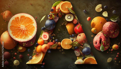 letter A in the style of anime manga made of fruits, fruits theme