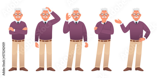 An old white man with glasses, a lilac sweater and beige trousers is standing in different poses. An elderly man in full-length character set. Grandpa is standing with his arms crossed