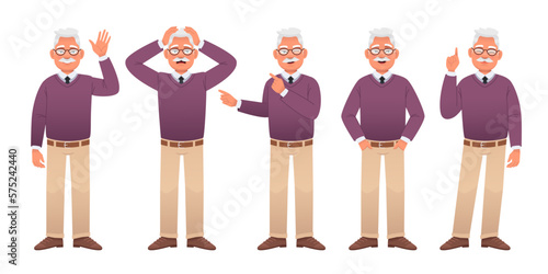 An elderly man in full-length character set. Grandpa is standing in horror, hands in his pockets, waving his hand, pointing at something. An old white man with glasses, a lilac sweater