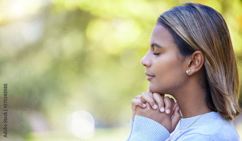 Prayer, peace and worship with woman in nature and mockup for God, spirituality and religion faith. Relax, calm and reflection with girl praying in park for health, wellness and meditation belief - obrazy, fototapety, plakaty 