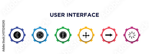 user interface filled icons with infographic template. glyph icons such as round left button, press play button, curvy road warning, crossroad, arrow pointing right, expand arrows vector.