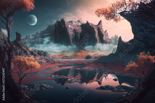 a watercolor landscape with a surreal and dreamlike quality, using creative design elements such as the use of unusual colors and abstract shapes. Generative AI