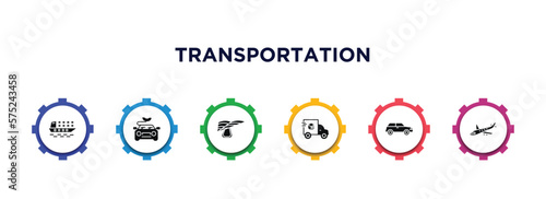transportation filled icons with infographic template. glyph icons such as cargo ship, hybrid car, hang glider, cargo truck, car, jumbo jet vector.