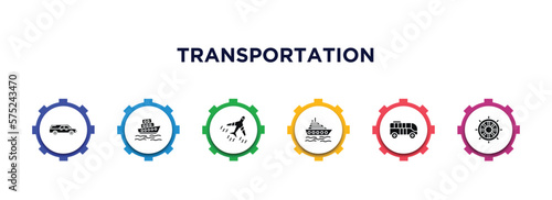 transportation filled icons with infographic template. glyph icons such as hearse, tugboat, jetliner, cruiser, modern bus, ship helm vector.
