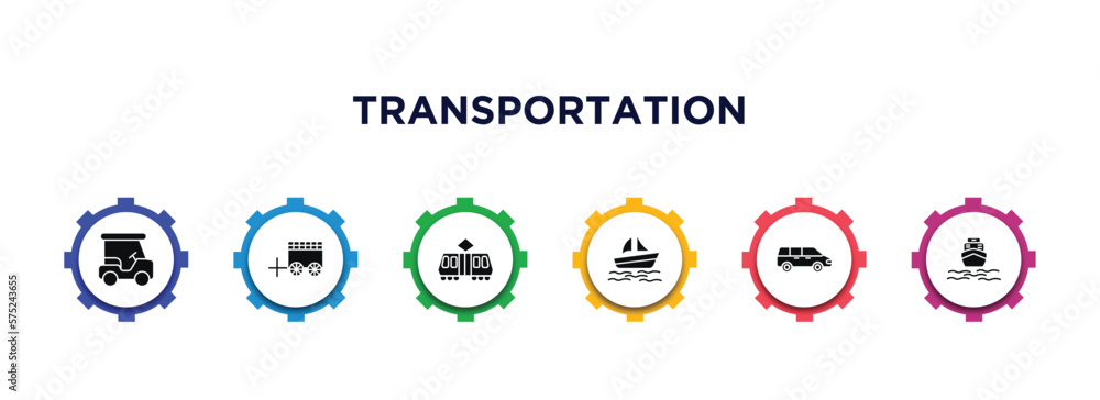 transportation filled icons with infographic template. glyph icons such as golf cart, oxcart, tramway, pt boat, people carrier, boat front view vector. transportation filled icons with infographic template. glyph icons such as golf cart, oxcart, tramway, pt boat, people carrier, boat front view vector.