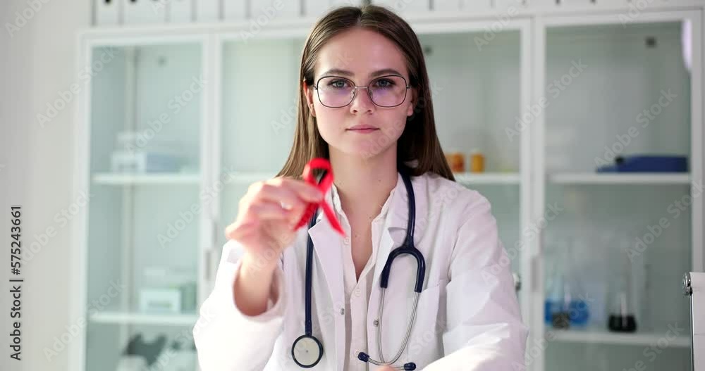 Red ribbon in hands of doctor symbol of World AIDS Day Red ribbon in hands of doctor symbol of World AIDS Day