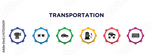 transportation filled icons with infographic template. glyph icons such as zeppelin, wagon, sedan, fuel dispenser, monster truck, double decker bus vector.