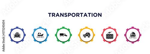 transportation filled icons with infographic template. glyph icons such as sports car, yawl, eighteen-wheeler, all terrain, funicular railway, catamaran vector.
