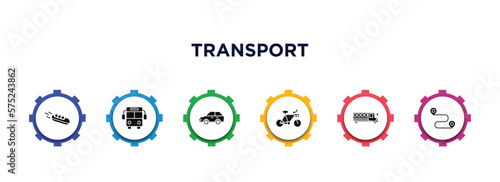 transport filled icons with infographic template. glyph icons such as bobsleigh, public transport, auto, bikes, school bus empty, way vector.