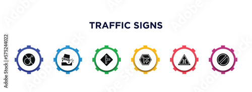 traffic signs filled icons with infographic template. glyph icons such as no bombs, pothole, side road, airport, bridge road, forbidden vector.