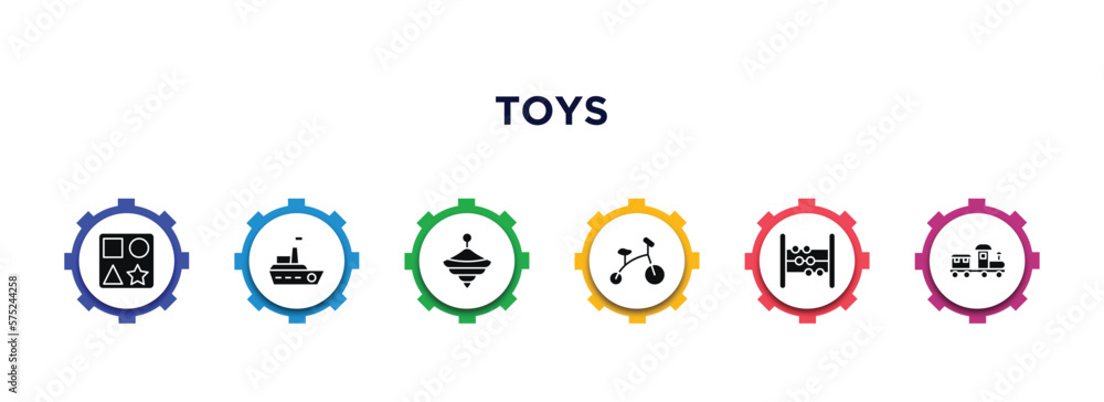 toys filled icons with infographic template. glyph icons such as shapes toy, boat toy, spinning toy, tricycle abacus train vector. toys filled icons with infographic template. glyph icons such as shapes toy, boat toy, spinning toy, tricycle abacus train vector.