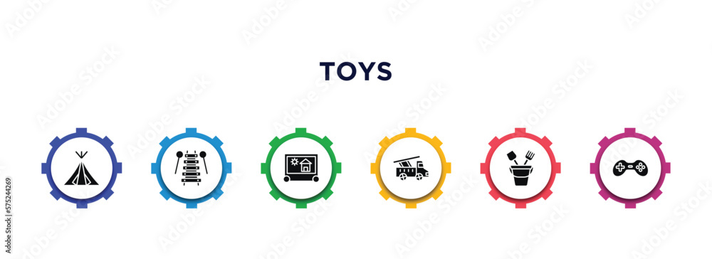 toys filled icons with infographic template. glyph icons such as tent toy, xylophone toy, etch a sketch toy, fire truck sand bucket gamepad vector.