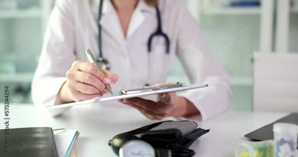 Female doctor fills out medical forms and health insurance Female doctor fills out medical forms and health insurance