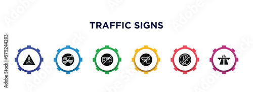 traffic signs filled icons with infographic template. glyph icons such as pothole, no trucks, no video, no weapons, parking, motorway vector.