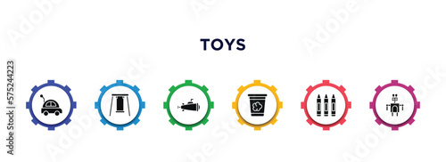 toys filled icons with infographic template. glyph icons such as car toy, swing toy, submarine toy, dough crayons robot vector.