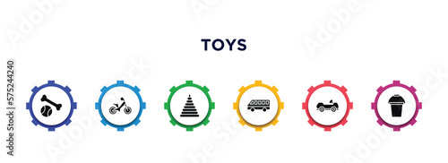 toys filled icons with infographic template. glyph icons such as puppy toy, ride on toy, circle toy, bus cart bucket vector.