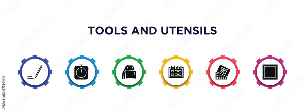 tools and utensils filled icons with infographic template. glyph icons such as pencil tool, timer round clock, bag with big handle, calendar with six days, chote box, basic square vector.