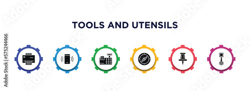 tools and utensils filled icons with infographic template. glyph icons such as print button, ringing, printing calculator, orientation compass, school push pin, piston on vector.
