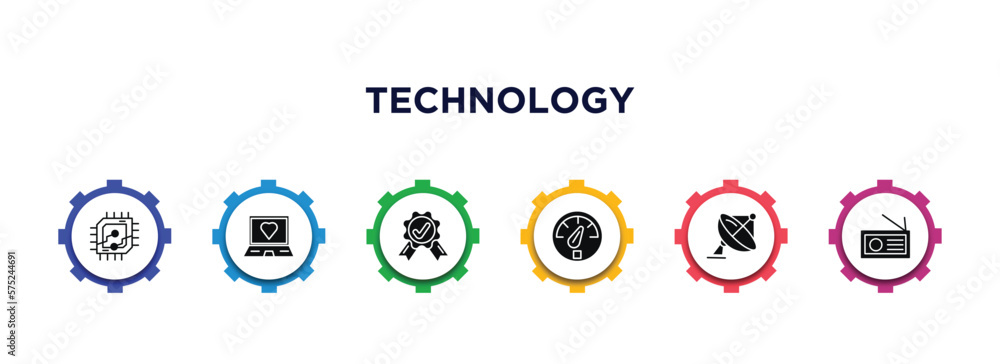 technology filled icons with infographic template. glyph icons such as computer microprocessor, laptop with a heart, warranty certificate, vehicle speedometer, dish, video camera side view vector. technology filled icons with infographic template. glyph icons such as computer microprocessor, laptop with a heart, warranty certificate, vehicle speedometer, dish, video camera side view vector.
