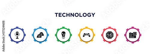 technology filled icons with infographic template. glyph icons such as microphone voice, interaction, ecologic bulb, video game controller, digital number 15, vector.