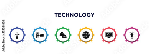 technology filled icons with infographic template. glyph icons such as eolic, little camcorder, asking, transmission, big tv, ideas vector.