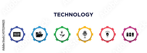technology filled icons with infographic template. glyph icons such as caste tape, file storage, ecologic electricity, retro microphone, light bulb idea, battery levels vector.