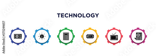technology filled icons with infographic template. glyph icons such as world news, sun energy, calculation, , old tv, worlwide news vector.